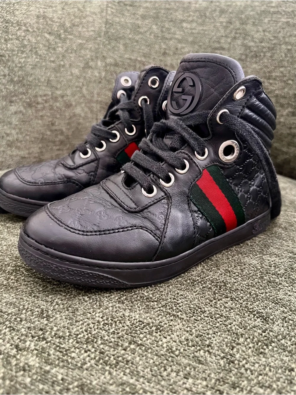 Gucci Boys Black High Top Sneakers GG Guccissima Web size 29 Stripe Lace Up